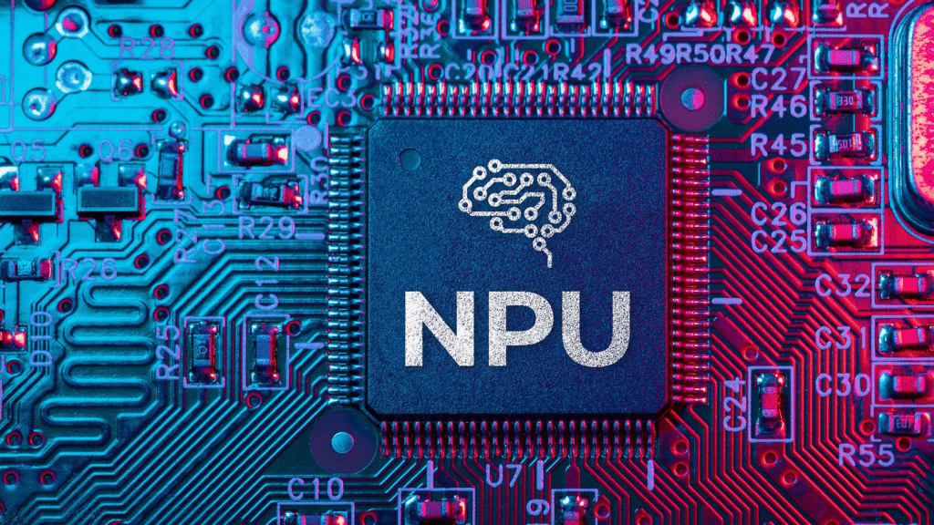 Futuristic AI coprocessor chip design on a circuit board