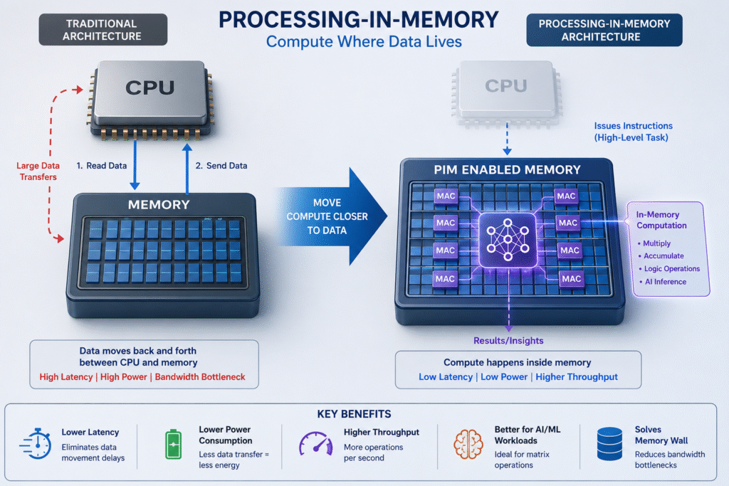Processing-in-Memory (PIM) brings computation closer to memory, reducing the CPU-memory bottleneck and enabling faster, more energy-efficient AI and high-performance computing.