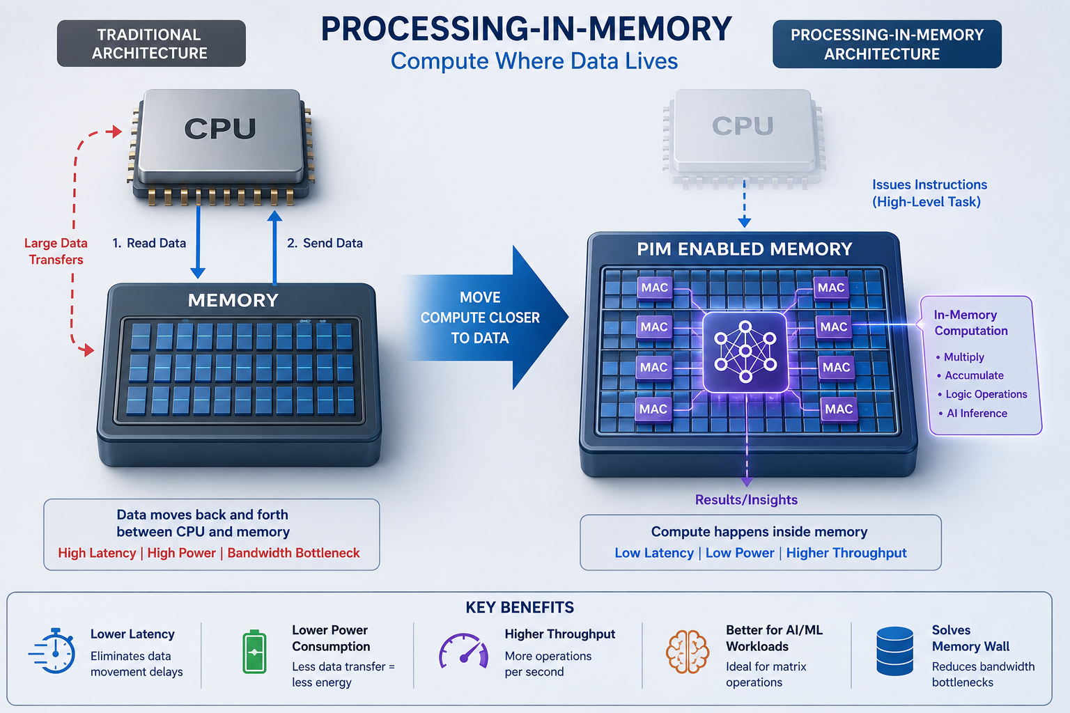Processing-in-Memory (PIM) brings computation closer to memory, reducing the CPU-memory bottleneck and enabling faster, more energy-efficient AI and high-performance computing. 