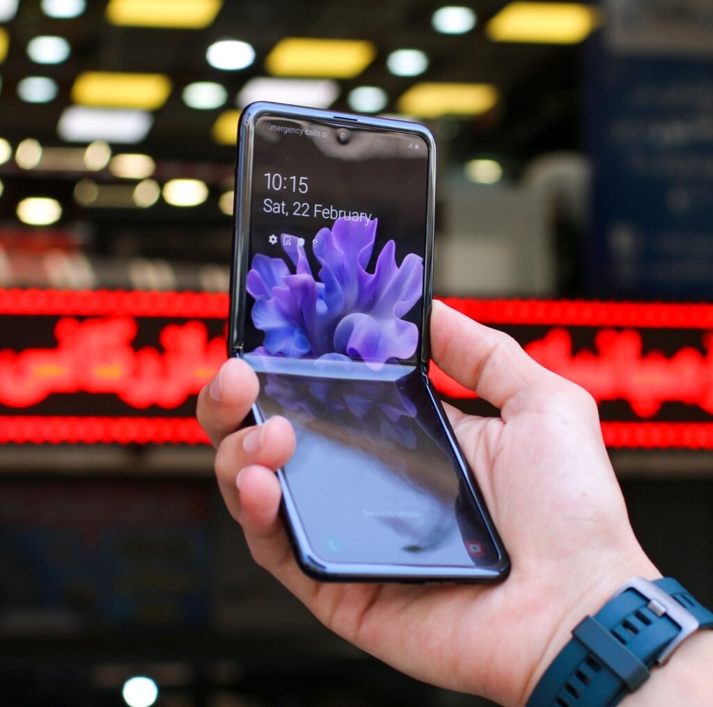 Samsung phone open flat showing crease-free foldable display