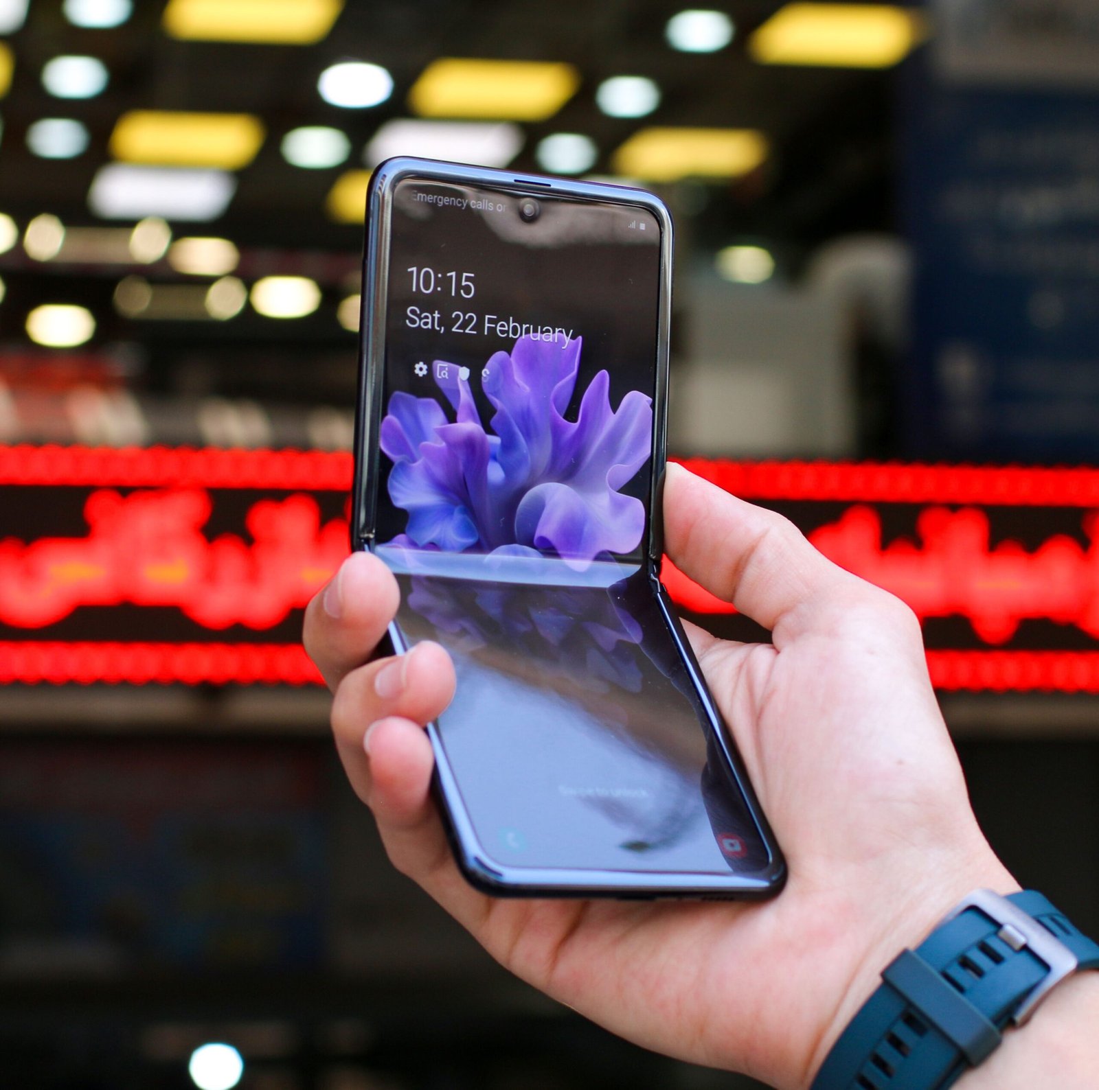 Samsung phone open flat showing crease-free foldable display