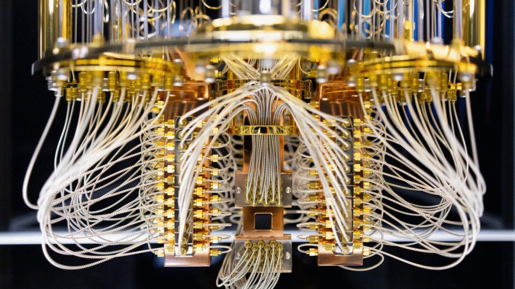 Engineer inspecting a quantum-inspired processor chip on a circuit board